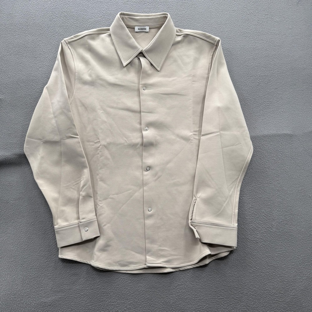 Sandro Shirt Mens Large Beige Solid Knit Long Sleeve Snap Front Minimal Stretch